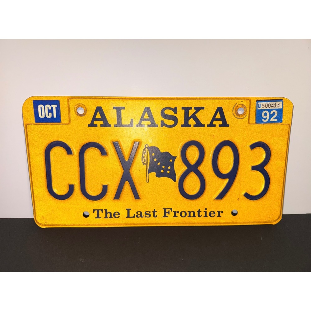 Vintage 1992 Alaska License Plate CCX 893 The Last Frontier Yellow Navy Blue